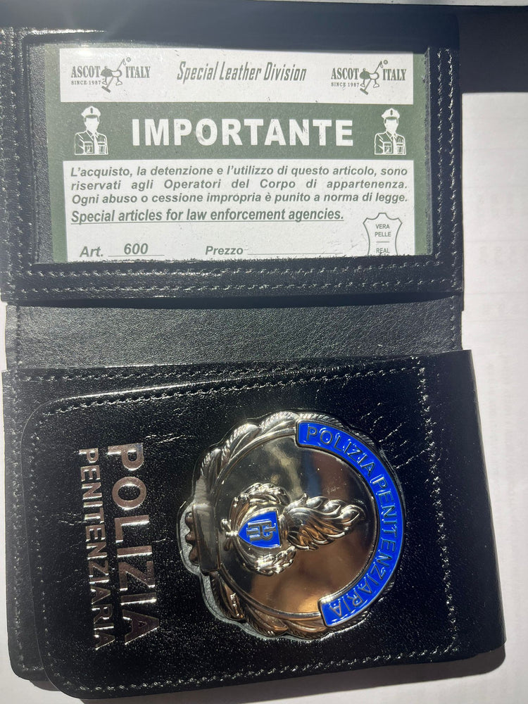 PORTAFOGLIO IN PELLE CON PLACCA POLIZIA PENITENZIARIA ARGENTATA ASCOT