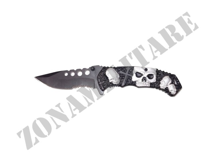 Coltello Richiudibile Con Teschi In Metallo Nero E Silver