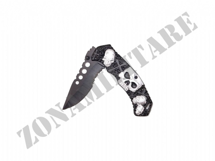 Coltello Richiudibile Con Teschi In Metallo Nero E Silver